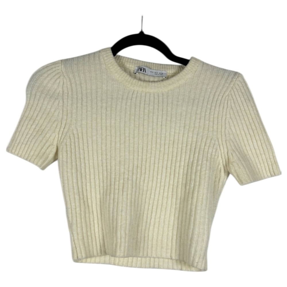 Zara Crop Top Ribbed Knit Wool Cream- S